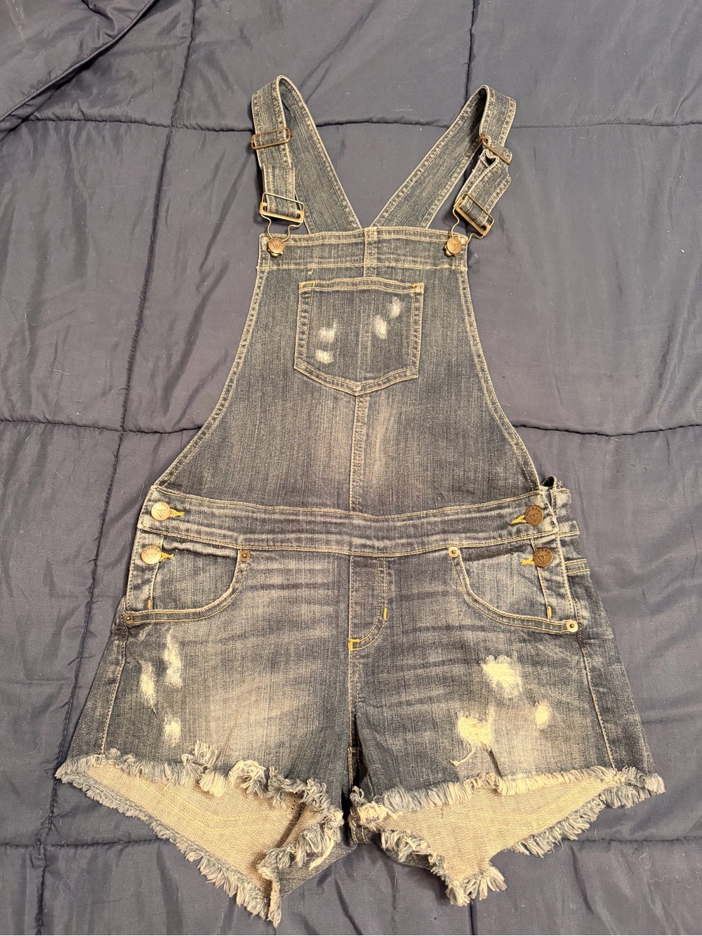 Guess Denim cutoff overalls with distressing